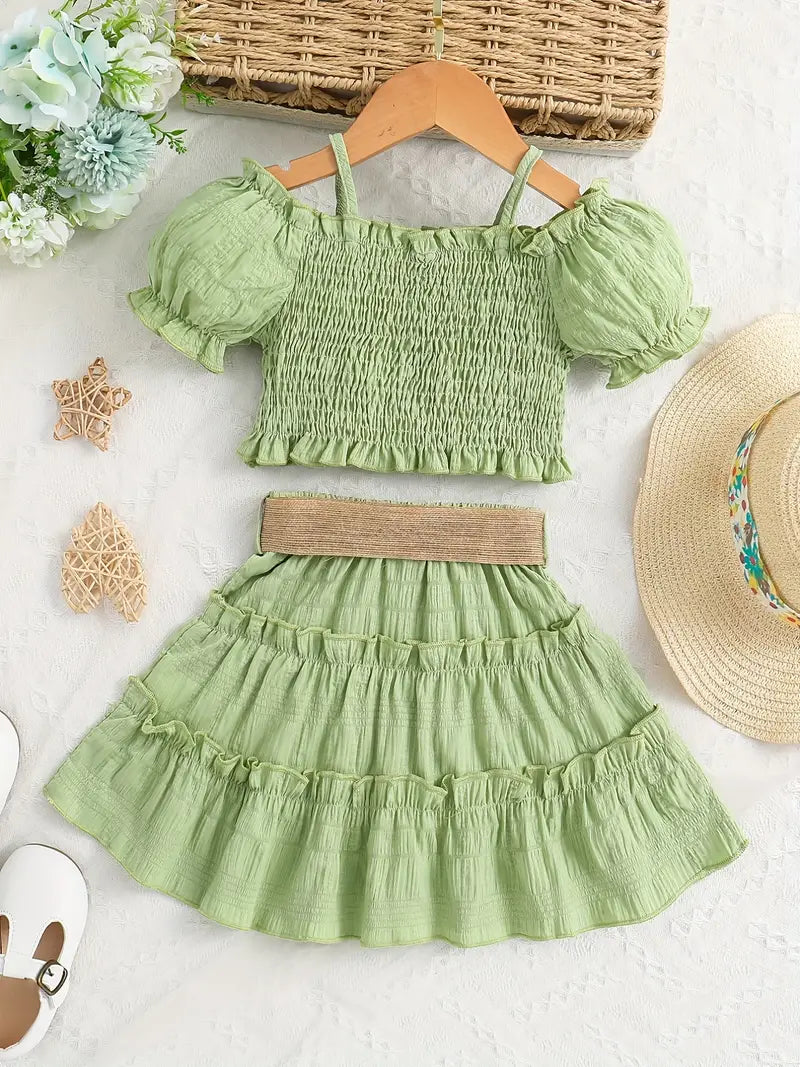Girls Elegant Cute Cami Off Shoulder Ruffled Top & Skirt Set For Summer Holiday Beach Party Kids Clothes