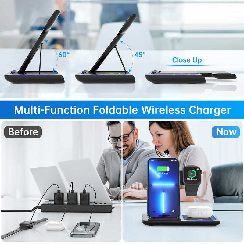 3 in 1 Wireless Charger, 18W Fast Charger Pad Stand Charging Station Dock for iWatch Series SE 6/5/4/3 Airpods for iPhone 14/13/12 /11/Pro Max/12 Mini /XR Max 8 Plus (With QC3.0 Adapter)