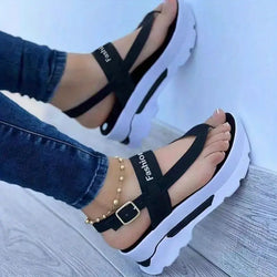 Women's Platform Thong Sandals, Solid Color Letter Buckle Strap Slingback Shoes, Outdoor Summer Sandals