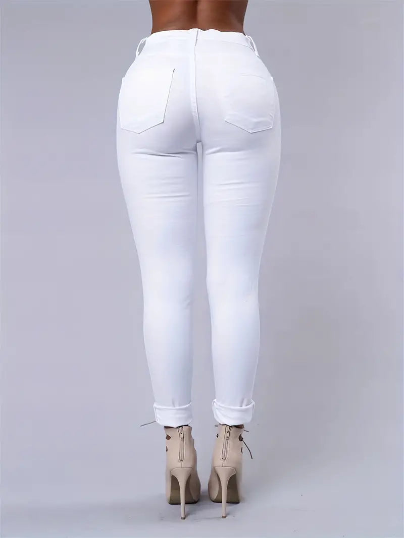 Ripped High Strech Distressed Jeans, Zipper Button Closure Solid Color Slim Fit Denim Pants, Women's Denim Jeans & Clothing