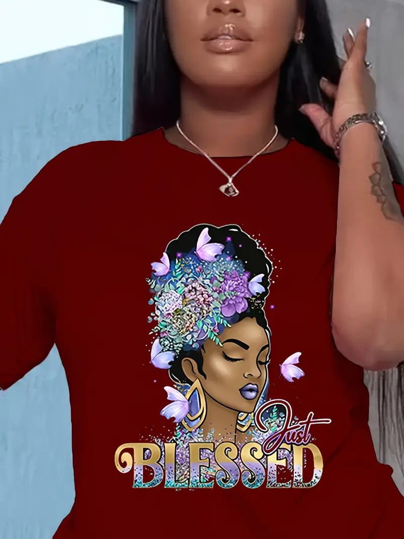 Blessed Girl Print 2 Pieces Set, Crew Neck Short Sleeve T-shirt & Bodycon Shorts Outfits, Women's Clothing