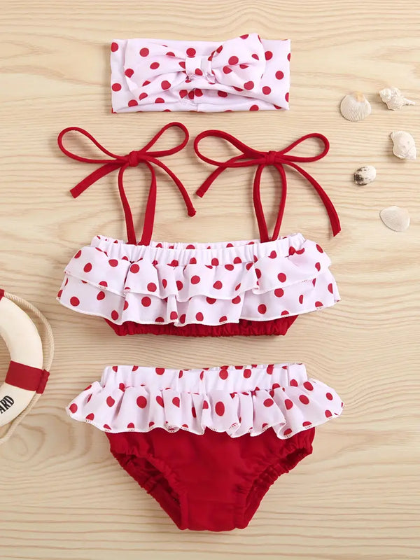 3pcs Baby Girls Cute Polka Dots Thin Strap Sleeveless Top & Shorts & Headband Swimsuit Bathing Suit Clothes For Summer