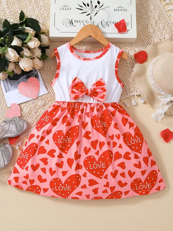 Girls Sleeveless Heart And Letter Graphic Bow Splicing Princess Dress For Party Kids Summer Clothes