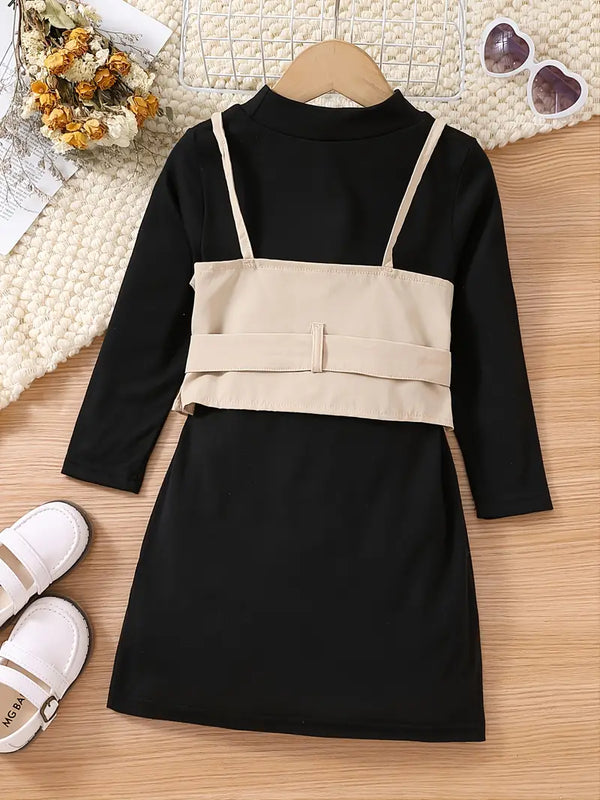 Girls Crew Neck Long Sleeve Solid Dress + Thin Strap Vest Kids Clothes