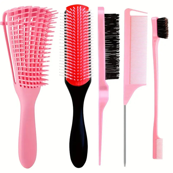 9-Row Detangling Hair Brush Set - Nylon Bristle Brush, Dual Edge Brush, Teasing Brush & Parting Comb - For All Hair Types