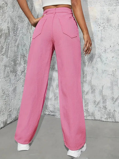 Pink High Waist Straight Jeans, High Rise Slash Pockets Loose Fit Non-Stretch Denim Pants