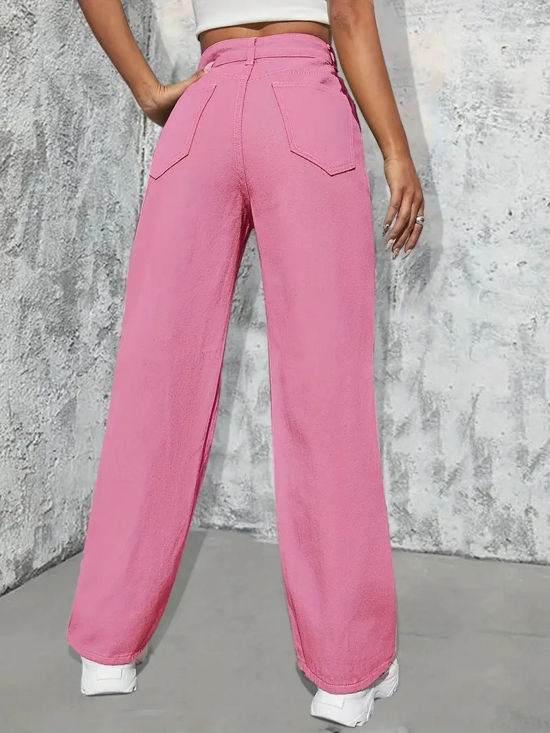 Pink High Waist Straight Jeans, High Rise Slash Pockets Loose Fit Non-Stretch Denim Pants