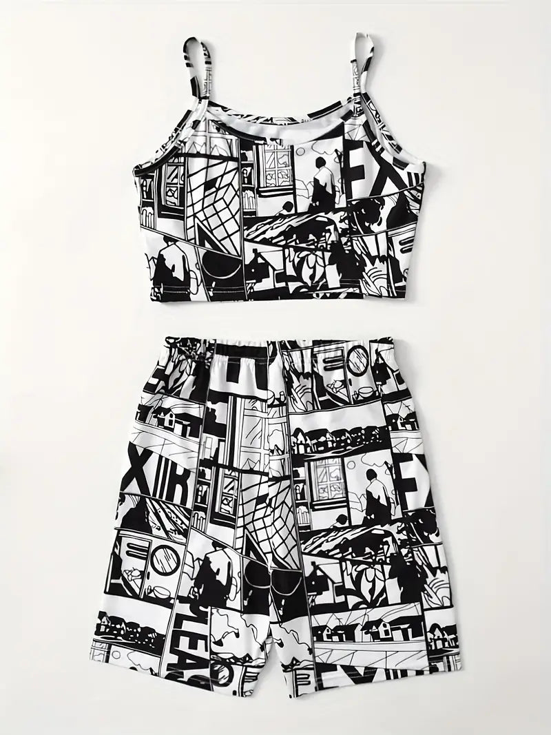 Anime Print Two-piece Shorts Set, Crop Cami Top & Casual Shorts Outfits, Women's Clothing