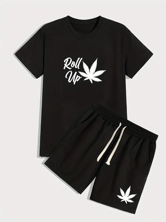 Men's Two-piece Outfits, Comfy Casual ''Roll Up'' Leaf Print T-shirt And Loose Drawstring Shorts For Summer
