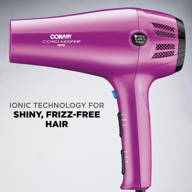 Conair Cord-Keeper Travel Size Ionic & Ceramic Hair Dryer, 1875 Watts, Pink 209TPN