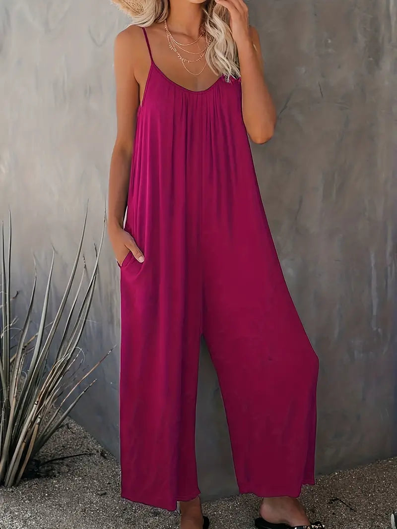 Boho Spaghetti Ruched Jumpsuit, Casual Sleeveless Long Length Wide Leg Jumpsuit, Women's Clothing