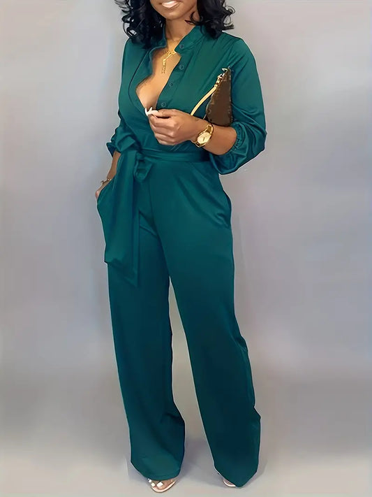 Solid Button Belted Jumpsuit
