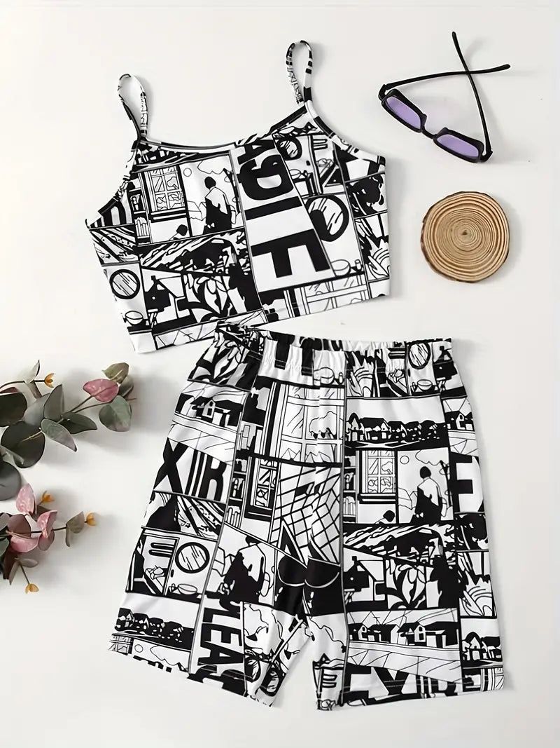 Anime Print Two-piece Shorts Set, Crop Cami Top & Casual Shorts Outfits, Women's Clothing