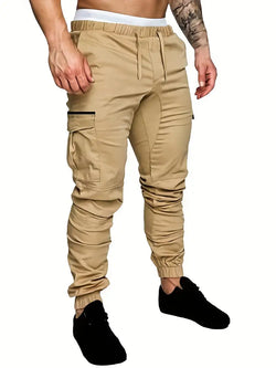 Casual Cotton Side Pockets Drawstring Joggers, Men's Cargo Pants For Spring Fall Outdoor