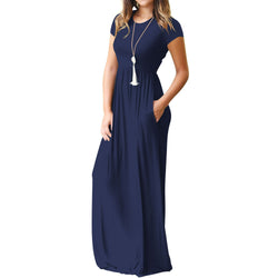 Women's Maxi Dresses Short Sleeve Long Casual Dresses Loose Plain with Pockets, Navy Blue