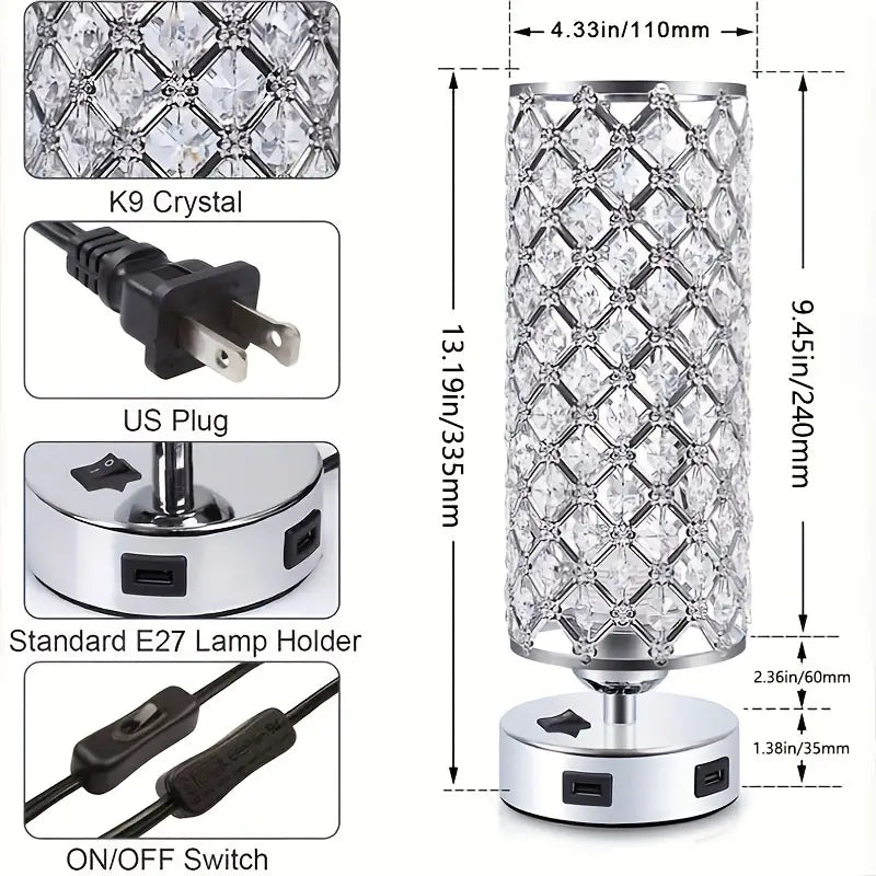 Elegant K9 Crystal Bedside Table Lamp With USB Ports & Bulb - Perfect for Bedroom, Office & More!