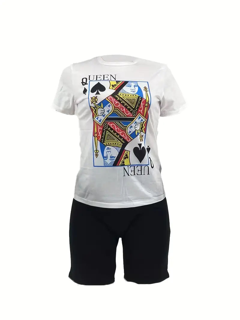 Casual Comfy Two-piece Set, Poker Print Crew Neck Short Sleeve Tops & Solid Slim Shorts Outfits, Women's Clothing