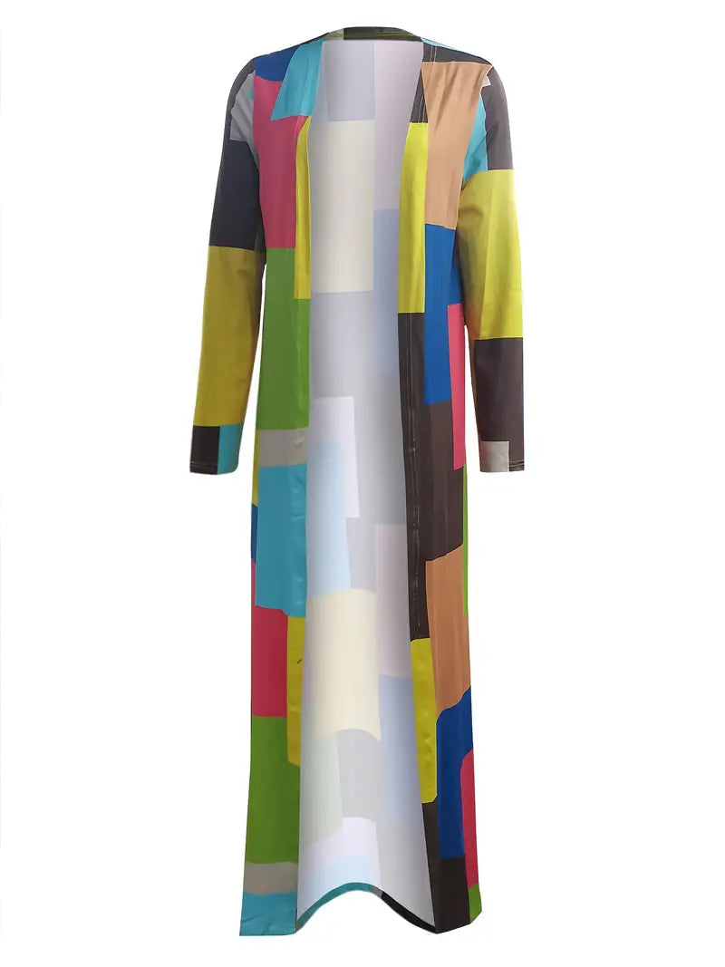 Colorful Patchwork Coat, Casual Split Open Front Long Length Coat, Women's Clothing