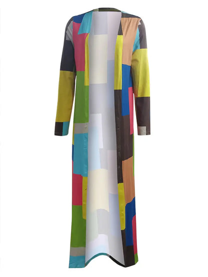 Colorful Patchwork Coat, Casual Split Open Front Long Length Coat, Women's Clothing