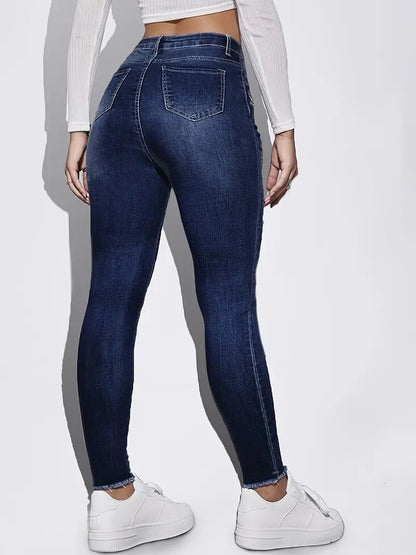 High Waist Ripped Skinny Jeans, Raw Hem High Rise Distressed Dark Blue Tight Fit Denim Pants