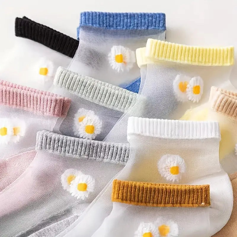 10 Pairs Daisy Embroidered Ankle Socks, Mesh Transparent Breathable Short Socks, Women's Fashion Casual Socks