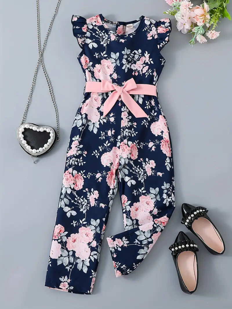 Toddler Girls Flowers Graphic Flutter Sleeve Belted Rompers Wide Leg Jumpsuits For Beach Vacation Kids Summer Clothes