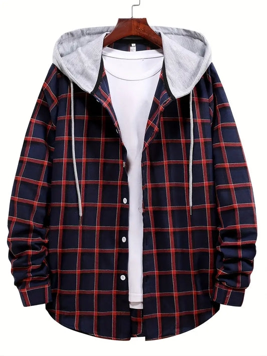 Plaid Pattern Men's Casual Loose Wear Hooded Shirt Jacket , Men's Clothing For Autumn And Winter