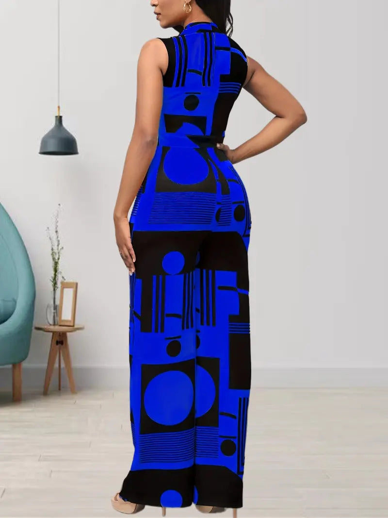 Graphic Print Sleeveless Jumpsuit, Casual V Neck Wide Leg Jumpsuit, Women's Clothing