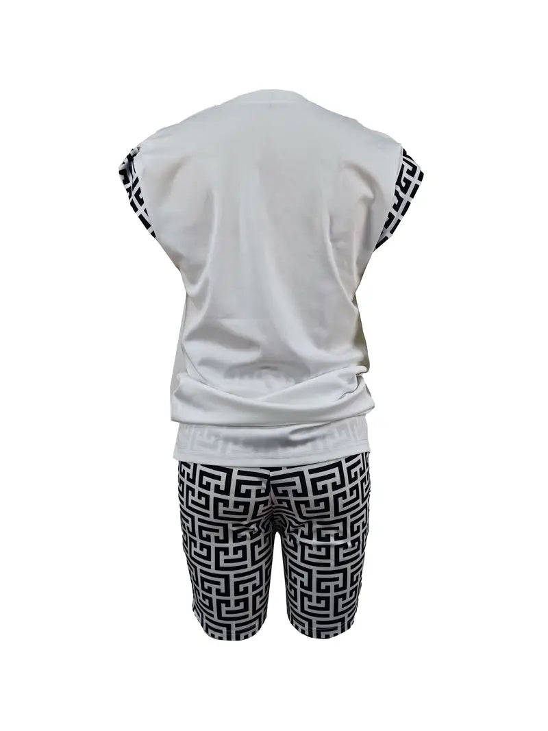 Geo Print Matching Two-piece Set, Casual Short Sleeve T-shirt & Biker Shorts Outfits, Women's Clothing