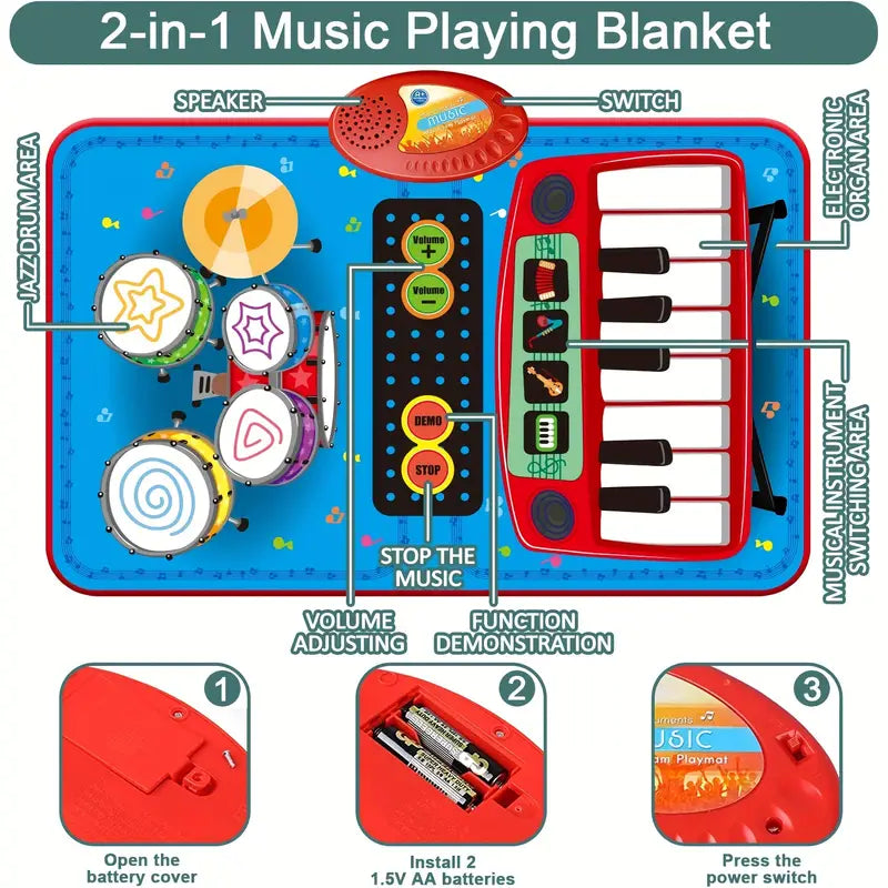 2 In 1 Baby Toys For 1 Year Old Boy Girl, Toddler Piano Keyboard & Drum Floor Mat With Sticks