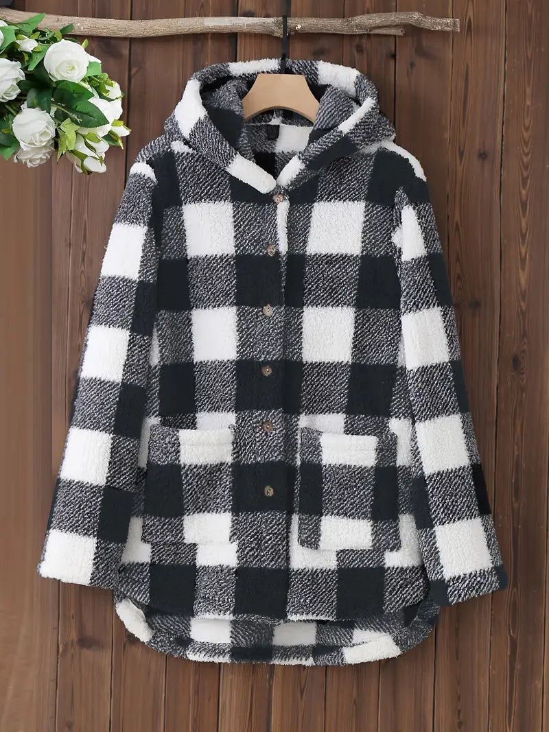 Plus Size Casual Coat, Women's Plus Plaid Print Fluffy Hooded Long Sleeve Button Up Coat