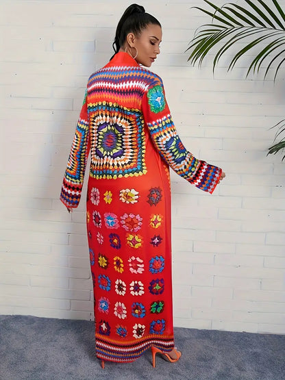 Ethnic Print Open Front Cardigan, Vintage Long Sleeve Maxi Length Outwear, Women's Clothing