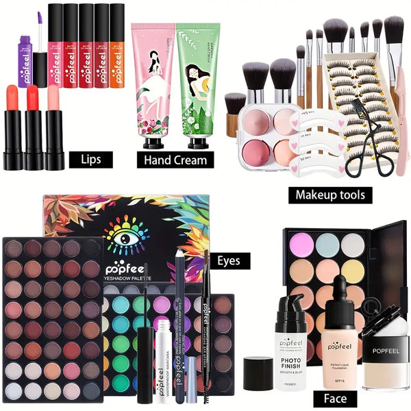 Makeup Box Set, Cosmetic Gift Box Eyeshadow Eyeliner Eyebrow Pen Lipstick Lip Gloss Primer Foundation Loose Powder And Matching Brushes And Sponge Puff Full Range All In One Makeup Set
