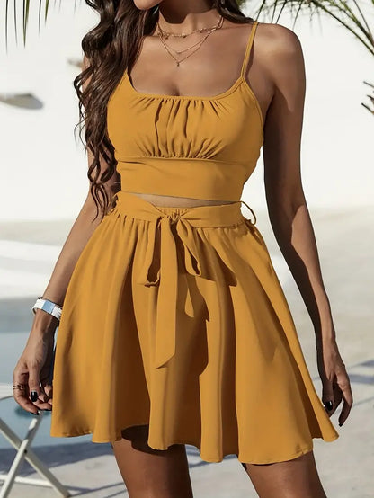 Cute Solid Two-piece Skirt Set, Backless Crop Cami Top & Tie Front Skirt Outfits, Women's Clothing