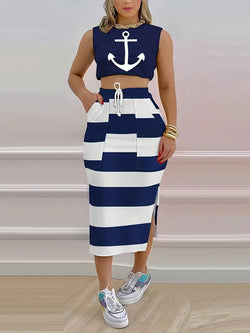 Casual Slim Two-piece Set, Anchor Print Cropped Tank Top & Striped Bag Hip Skirts Outfits, Women's Clothing