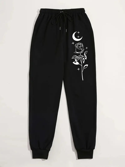 Casual Moon & Rose Print Drawstring High Waisted Sweatpants, Casual Every Day Pants