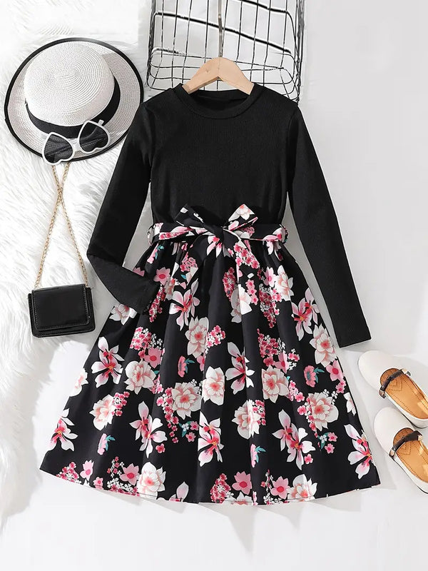 Girls Long Sleeves Round Neck Flowers Splicing Belted Dress For Party Kids Spring Clothes