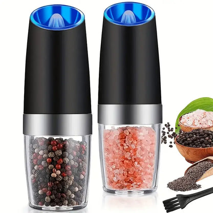 2pcs, Pepper Grinder, Household Sea Salt Ginder, Gravity Electric Adjustable Spice Grinder, Automatic Pepper Mill, Battery Powered With LED Light.