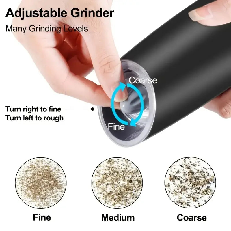 2pcs, Pepper Grinder, Household Sea Salt Ginder, Gravity Electric Adjustable Spice Grinder, Automatic Pepper Mill, Battery Powered With LED Light.