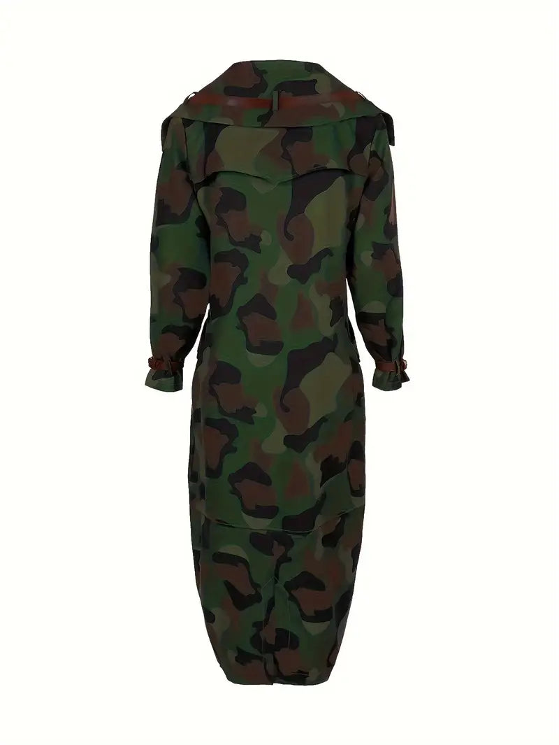 Camo Print Mid Length Trench Coat, Casual Button Front Long Sleeve Outerwear, Women's Clothing