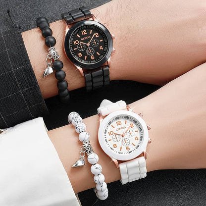 4pcs/set Casual Fashion Couples Quartz Watch Analog Silicone Wrist Watch