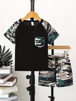 2pcs Boys Round Neck T-Shirts Pocket Patchwork Short Sleeve Tees Top & Elastic Waist Camouflage Shorts Set Kids Summer Clothes
