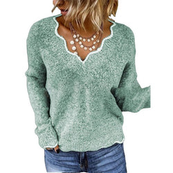 Women's Sexy Lace Flaky Clouds V-neck Knitted Sweater Tops Fleece Warm Pullover Sweater Lady Spring Jumper Tops