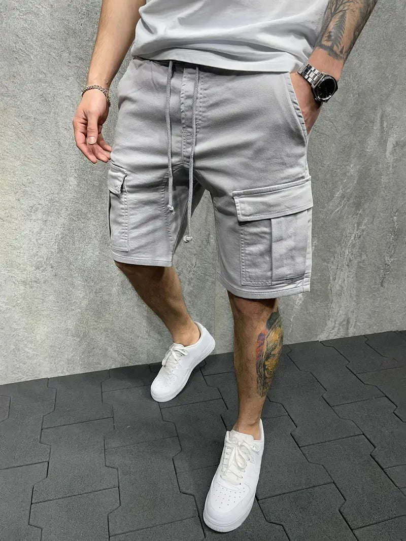 Mens Casual Non Stretch Loose Fit Drawstring Cotton Cargo Shorts With Pockets
