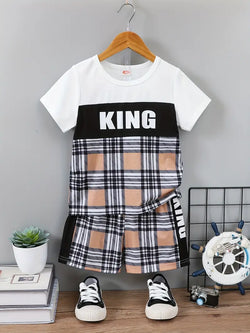 Boys "King" Casual Outfit Round Neck T-shirt & Plaid Shorts For Summer Kids Clothes