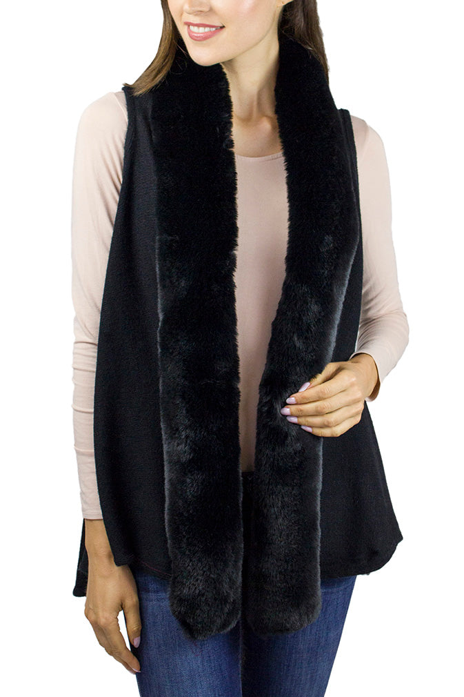 Adrienne Vittadini Women's Knit Vest with Plush Faux Mink Fur Trim