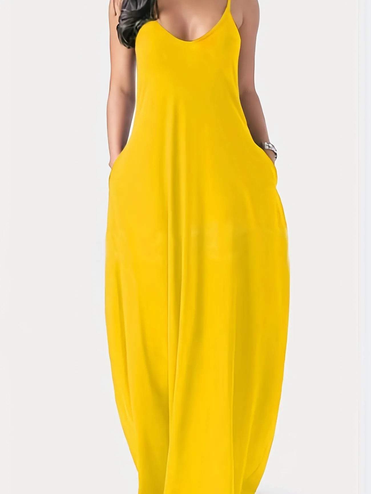 Women's Plus Plain Deep V Neck Medium Stretch Cami Maxi Dress With Pockets