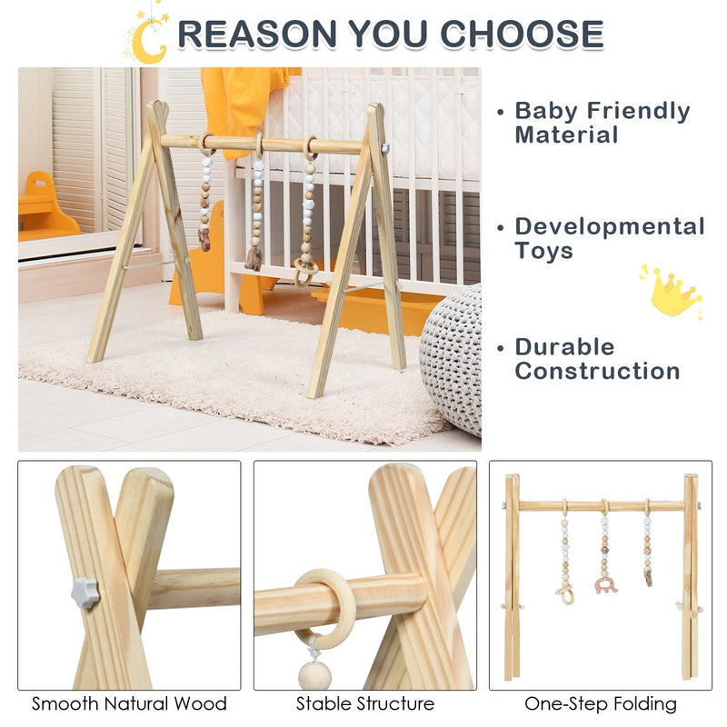 XXXFoldable Wooden Baby Gym with 3 Wooden Baby Teething Toys Hanging Bar Natural
