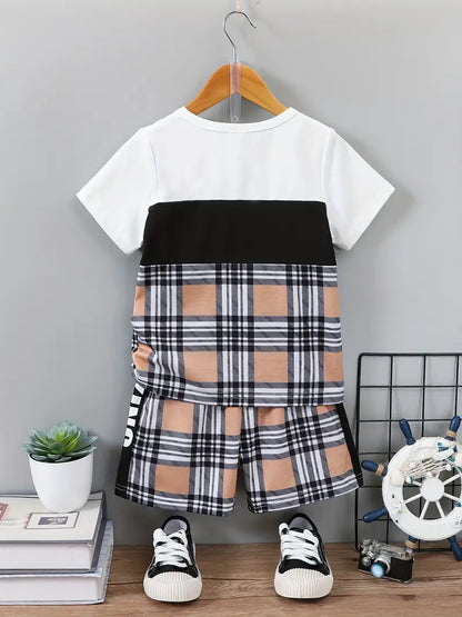 Boys "King" Casual Outfit Round Neck T-shirt & Plaid Shorts For Summer Kids Clothes