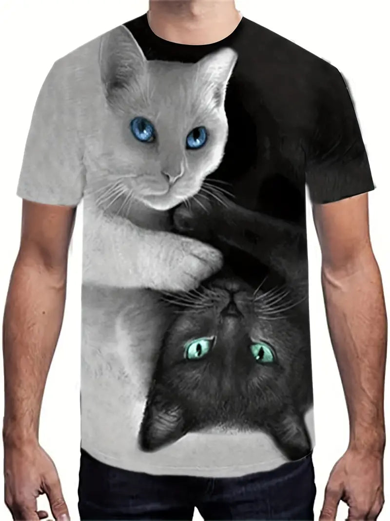 White & Black Cat Pattern Print Men's T-shirt, Graphic Slight Stretch Tee Men's Summer Clothes